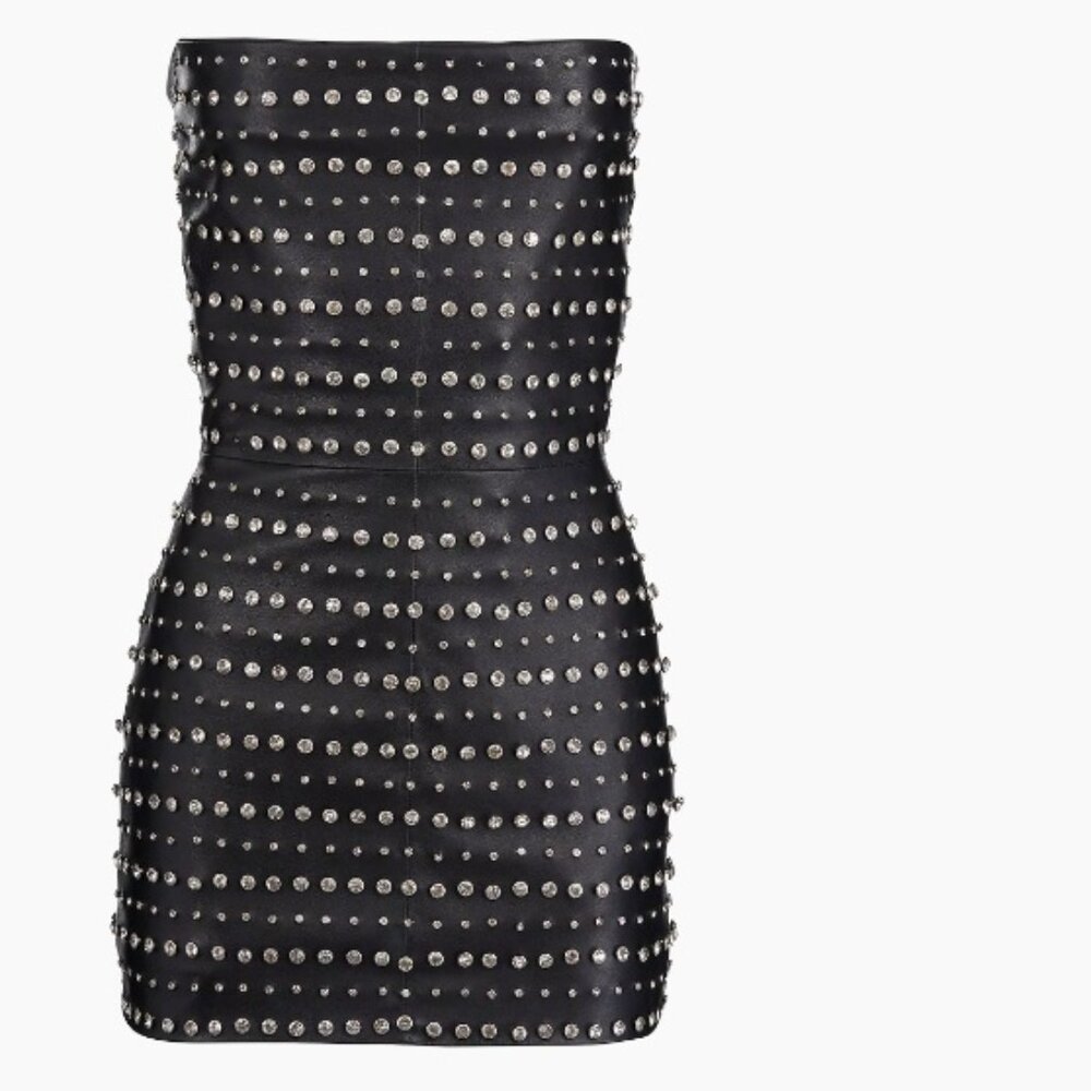 Black Leather Mini Crystal Rhinestone Dress Retrofete Medium